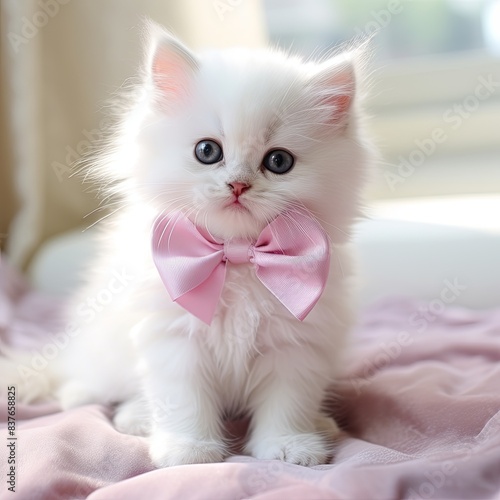 AI generated illustration of a cute white kitten with a pink bow tie