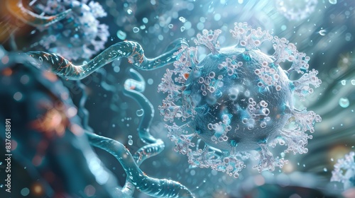 An intricate 3D illustration of a virus particle surrounded by genetic material, showcasing the complexity of viral mutations.