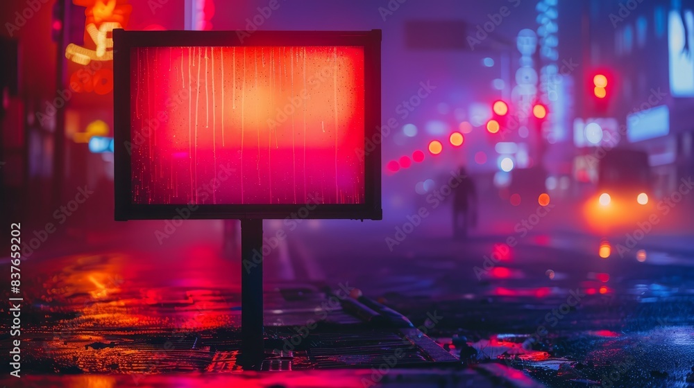  A red sign sits roadside in a city, night's backdrop Person walks behind
