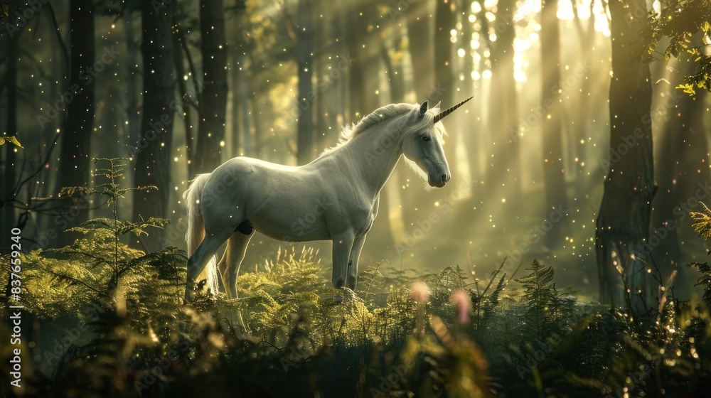 Majestic white unicorn in fantasy mystical forest. generative AI image Majestic white unicorn in fantasy mystical forest. generative AI image