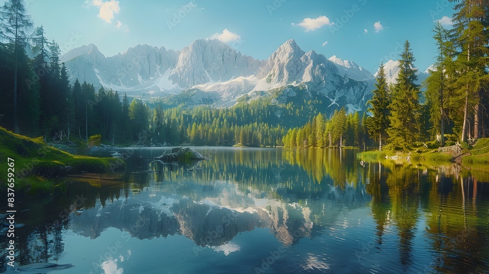 Naklejka premium Serene Mountain Landscape with Mirrored Lake and Surrounding Peaks and Forests