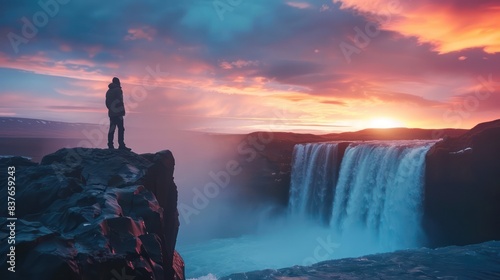 Emphasize the sense of wonder and adventure with a photo capturing the dramatic waterfall surrounded by the warm glow of a colorful sunset sky, as a male tourist stands on a cliff.