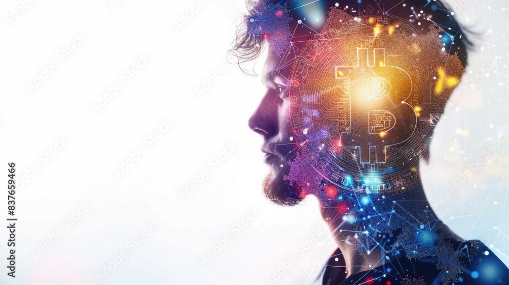 AI professional in side profile with double exposure effect, showcasing Bitcoin and colorful blockchain graphics on a white background AI professional in side profile with double exposure effect, showcasing Bitcoin and colorful blockchain graphics on a white background