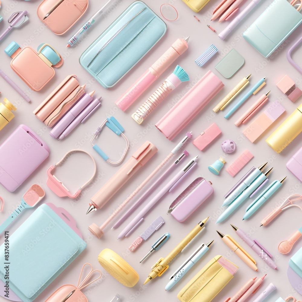 Soft-hued 3D render of school supplies in pastel colors, arranged in a seamless pattern with items aligned in rows and placed flat on a light background Soft-hued 3D render of school supplies in pastel colors, arranged in a seamless pattern with items aligned in rows and placed flat on a light background