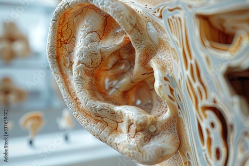 Close up of an anatomical ear model showcasing the intricate internal structures and detailed cross-section for educational purposes.