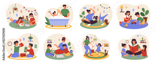 Family playing. Home games. Happy parents with kids. House leisure. Mother reading book to girls. Father bathing baby. Mom cooking together with boy. People lifestyle. Vector tidy fun activities set