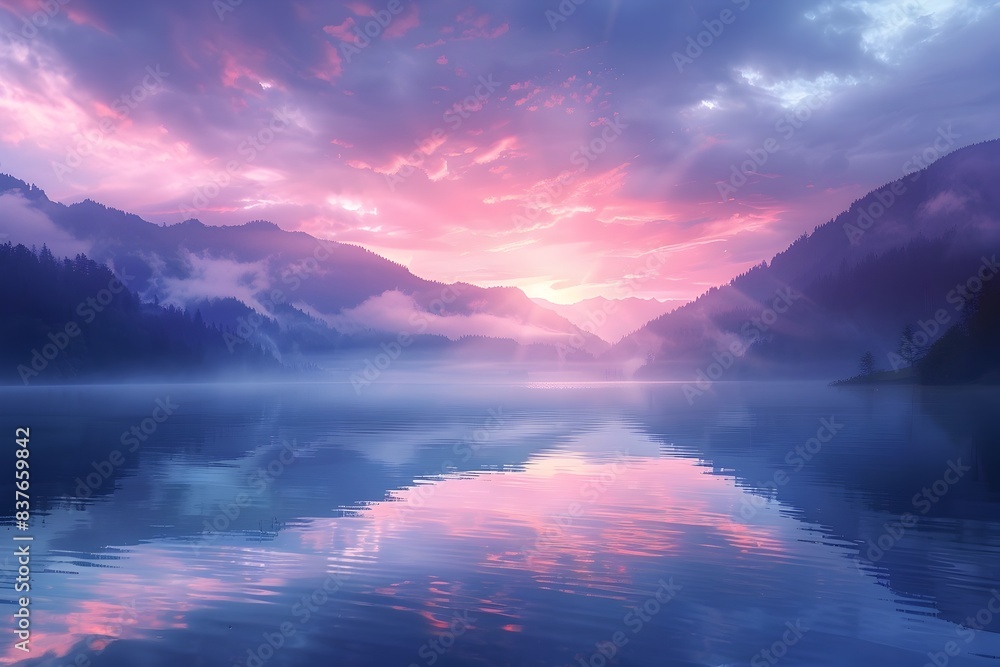 Serene Mountain Lake at Dawn with Ethereal Skies and Mist Reflecting on Tranquil Waters Serene Mountain Lake at Dawn with Ethereal Skies and Mist Reflecting on Tranquil Waters