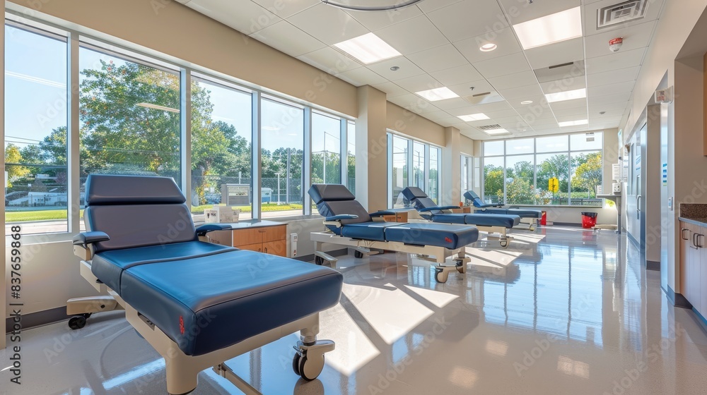 Modern medical clinic room with empty patient chairs and large windows, providing a bright and clean healthcare environment. Modern medical clinic room with empty patient chairs and large windows, providing a bright and clean healthcare environment.