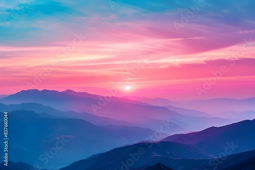 Breathtaking Sunset over Rugged Mountain Landscape with Vibrant Sky Painting a Natural Serenity Scenery © Thares2020
