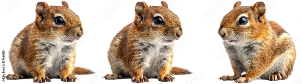 Three Adorable Chipmunks Posing Against White Background Three Adorable Chipmunks Posing Against White Background
