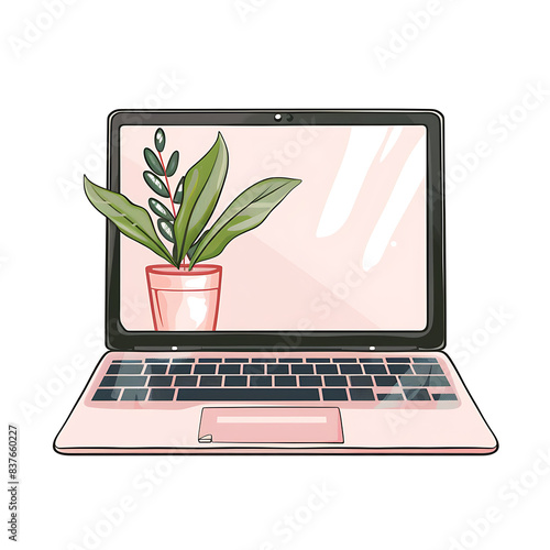 Modern Laptop with Green Plant in Pink Pot on Screen, Minimalist Design, Digital Illustration, Home Office, Workspace, Technology, Nature, Clean Aesthetic, Contemporary Art