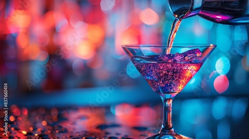 Close-up of a cocktail shaker pouring into a glass, neon lights in a nightclub background, isolated background, studio lighting photo