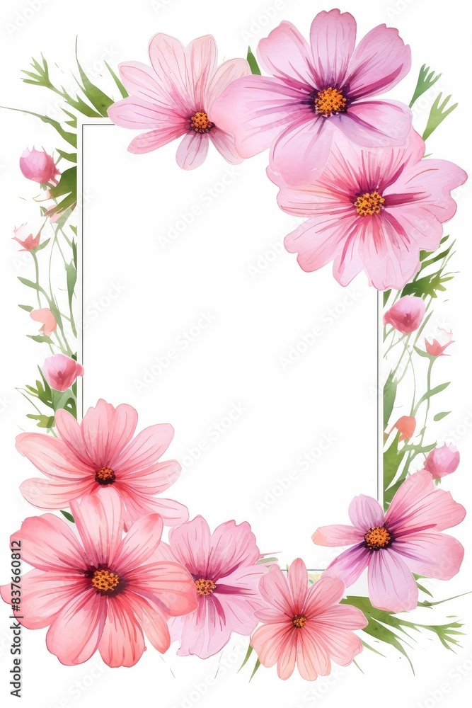 cosmos themed frame or border for photos and text. with delicate pink and white flowers. watercolor illustration, white color background. cosmos themed frame or border for photos and text. with delicate pink and white flowers. watercolor illustration, white color background.
