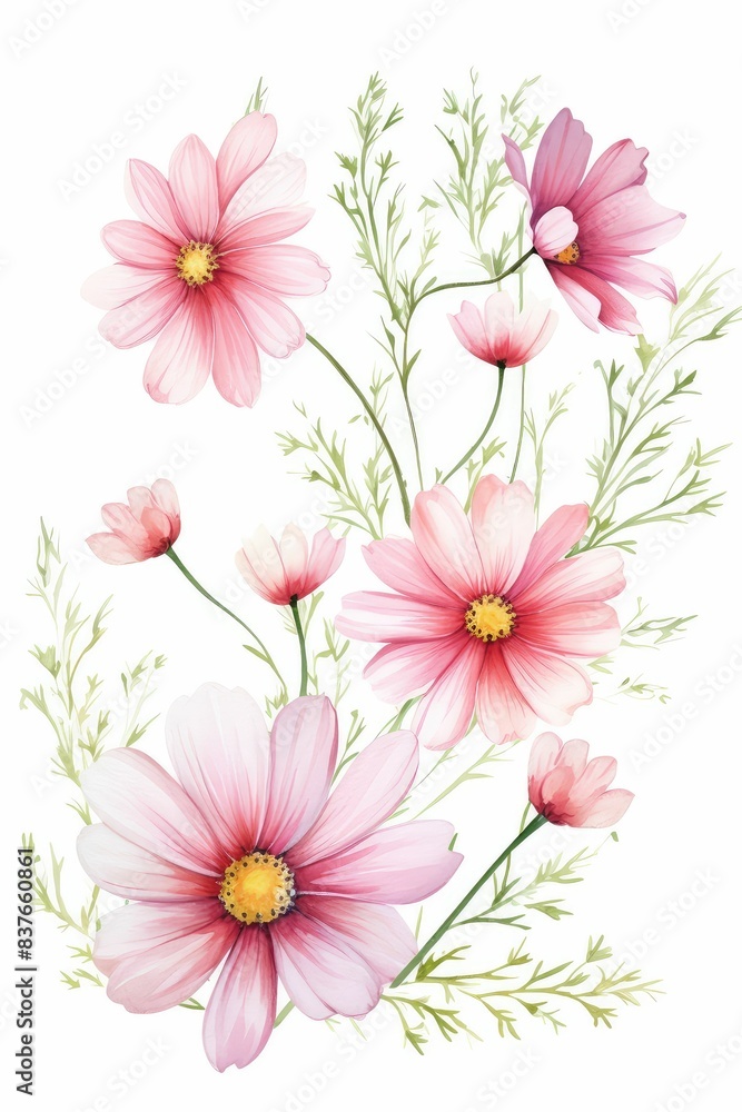 cosmos themed frame or border for photos and text. with delicate pink and white flowers. watercolor illustration, white color background. cosmos themed frame or border for photos and text. with delicate pink and white flowers. watercolor illustration, white color background.