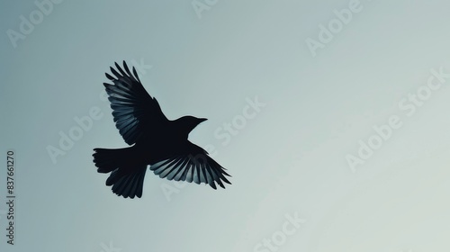 A silhouette of a bird mid-flight against a pale sky, capturing the grace and freedom of flight.  © hathairat