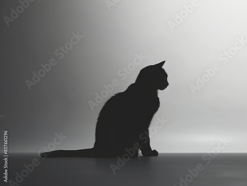 A silhouette of a cat sitting against a white background, creating a minimalist and elegant scene. 