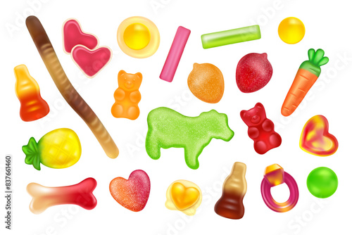 Candy gummy. 3D jelly sweets. Chewing fruit. Soft gum. Marmalade bears. Cute lollipop. Sugar animals. Kids food. Cola bottle and bone gelatin shapes. Packaging print. Vector yummy confectionery set