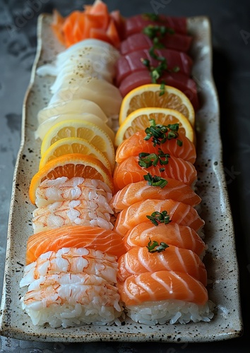 Nigiri Sushi - Hand-pressed sushi rice topped with various slices of fish. 