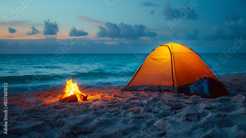 Night camping with a bonfire on a secluded beach