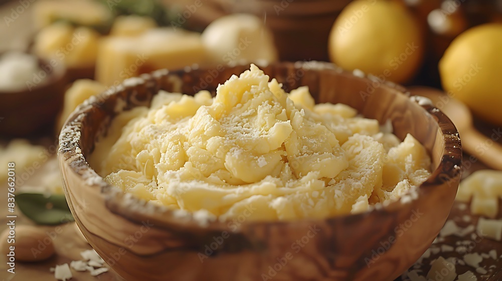 Shea butter being mixed in a bowl with a wooden spatula. Shea butter being mixed in a bowl with a wooden spatula.