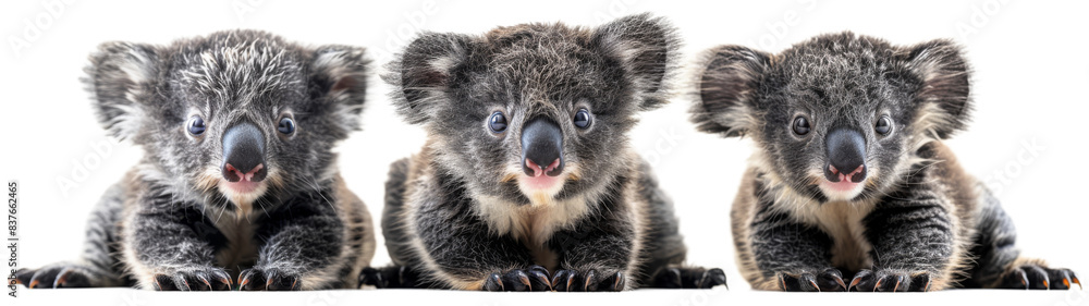 Three Adorable Koala Bear Cubs Posing for a Photo on a White Background Three Adorable Koala Bear Cubs Posing for a Photo on a White Background