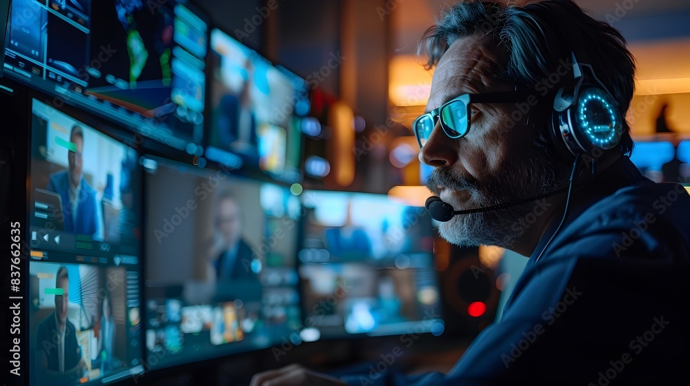 Businessman Engaged in Remote Video Conference on Multiple Screens Businessman Engaged in Remote Video Conference on Multiple Screens