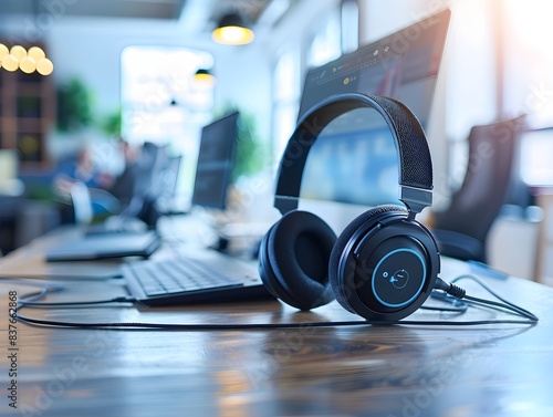 Busy Call Center with Headsets and Laptops for Customer Service Assistance © Thares2020