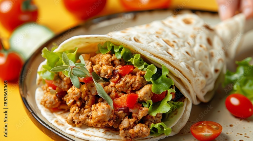 A burrito, brimming with meat and lettuce, rests atop a vibrant yellow tablecloth Tomatoes and cucumbers accompany it A hand reaches toward A burrito, brimming with meat and lettuce, rests atop a vibrant yellow tablecloth Tomatoes and cucumbers accompany it A hand reaches toward