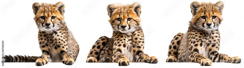 Three Cheetah Cubs Sitting Against White Background Three Cheetah Cubs Sitting Against White Background