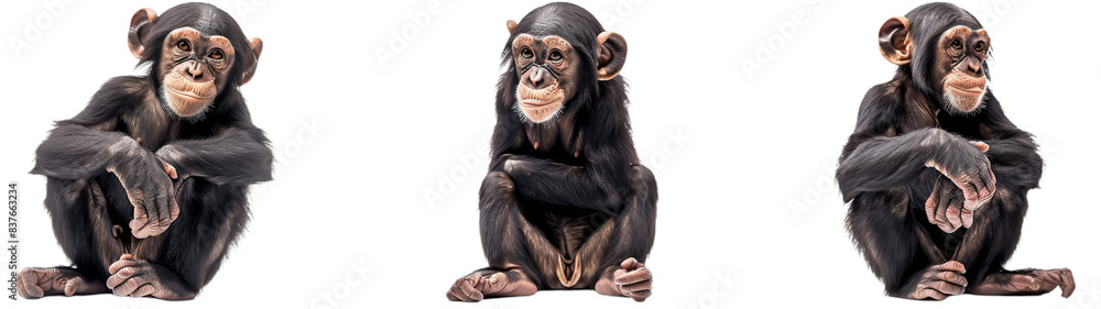 Three Chimpanzee Infants Sitting On A White Background Three Chimpanzee Infants Sitting On A White Background