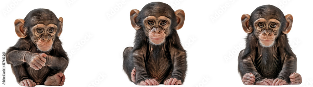 Three Adorable Baby Chimpanzees Sitting on White Background Three Adorable Baby Chimpanzees Sitting on White Background