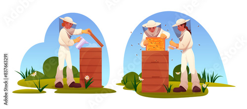 Beekeeper with beehive boxes. Apiarist in uniform collecting honey. Farmer smoking bees. Hive keeper. Apiary farm. Garden flowers pollen. Flying insect. Countryside landscape. Vector apiculture set