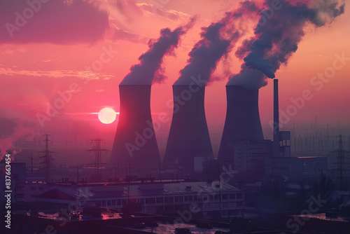 Generative ai on theme of nuclear power plant made of huge smokestacks polluting the environment photo