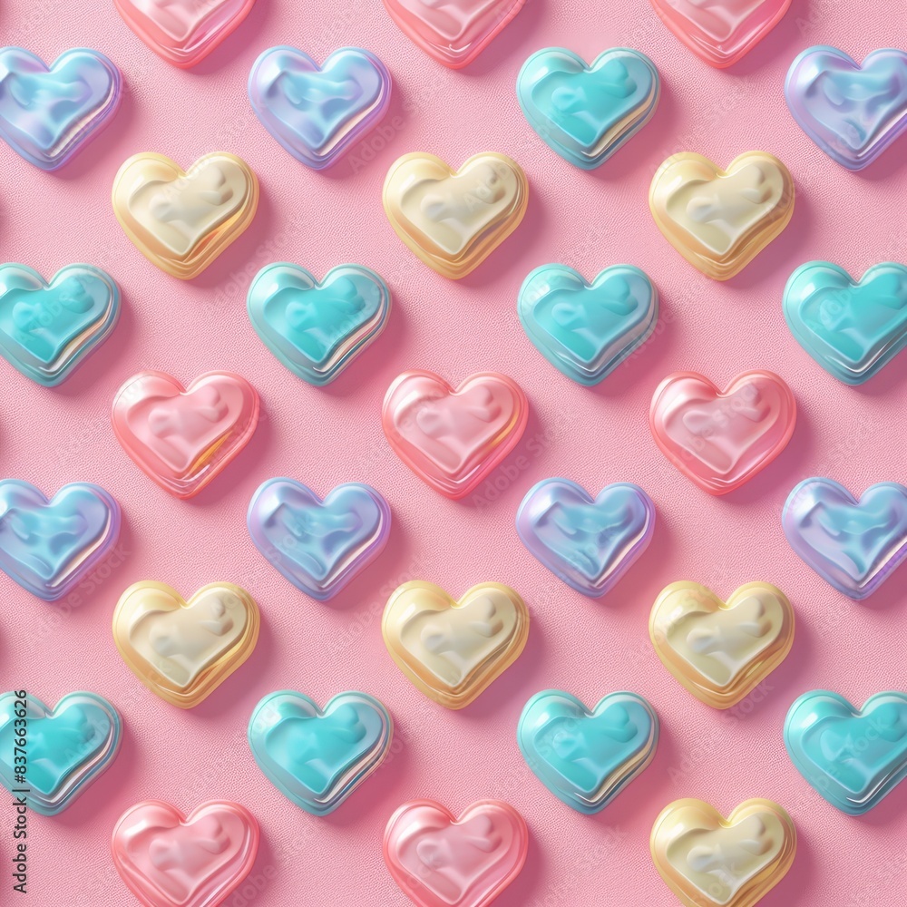  A collection of heart-shaped candies sits atop a pink background Their summits are adorned with pastel icing in shades of blue , yellow