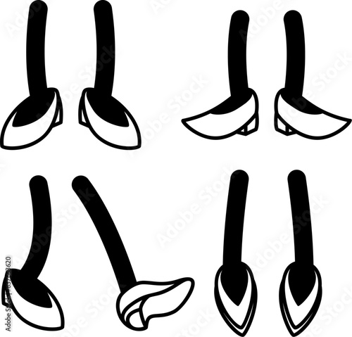 Set of vintage cartoon feet in shoes. Cartoon boot. Comic retro feet in different poses. Vector illustrations