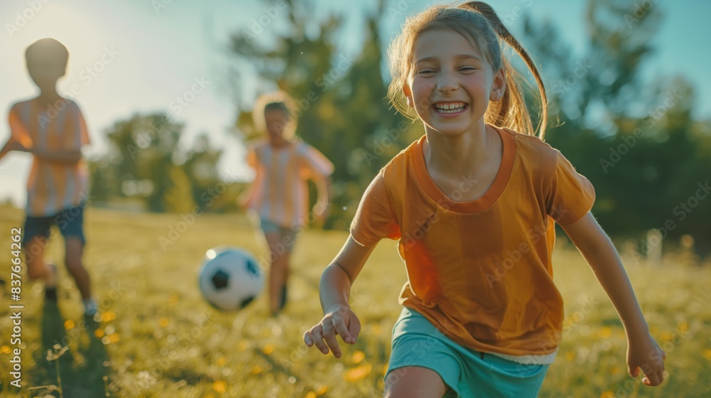 Obraz premium A girl in orange shirt exudes excitement as she chases a soccer ball during a friendly match in the field