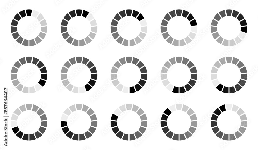 Hollow circle segmented into 15 parts buffering icon set. Set of hollow circles divided into fifteen shades of black colour loading, processing or buffering icon isolated on white background. Hollow circle segmented into 15 parts buffering icon set. Set of hollow circles divided into fifteen shades of black colour loading, processing or buffering icon isolated on white background.