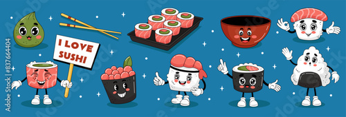 Kawaii sushi. Cartoon food characters. Manga onigiri emoticon. Japanese cuisine. Face logo. Salmon caviar. Shrimp sashimi. Asian seafood. Kitchen bowl and chopsticks. Cute meal mascots vector tidy set