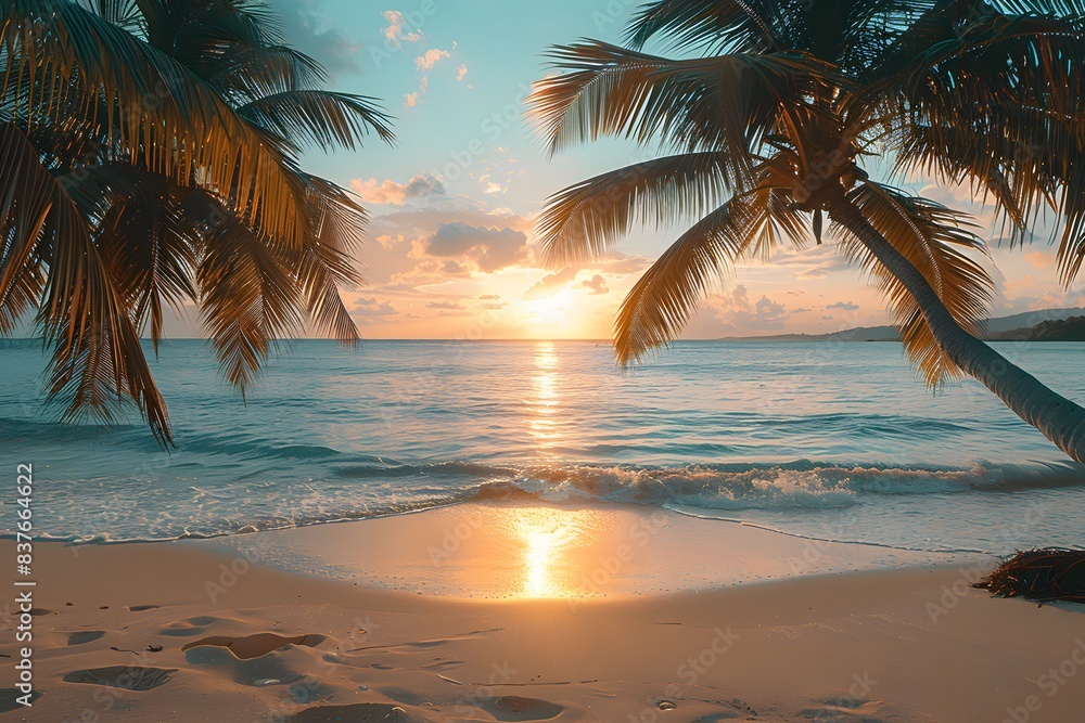 Naklejka premium Tropical Beach Sunset with Palm Trees and Serene Ocean Waves - Perfect for Vacation Theme Printing or Posters