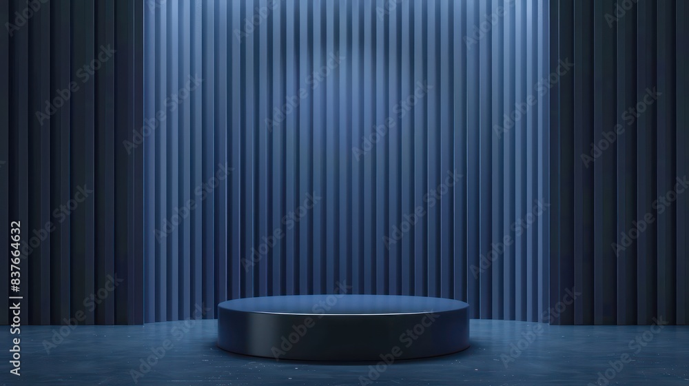 Emphasize the exclusivity of your merchandise with an image showcasing an abstract 3D dark blue cylinder pedestal podium against a luxurious dark blue wall backdrop. Emphasize the exclusivity of your merchandise with an image showcasing an abstract 3D dark blue cylinder pedestal podium against a luxurious dark blue wall backdrop.