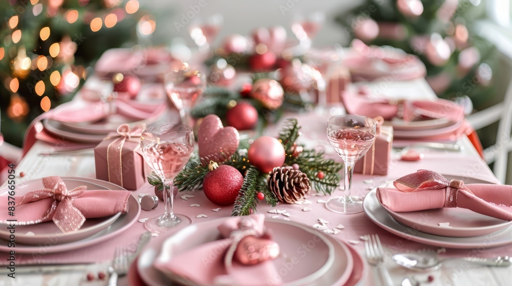 A Christmas dinner table set with pink plates and matching napkins, multiple, and a festive tree in the background A Christmas dinner table set with pink plates and matching napkins, multiple, and a festive tree in the background