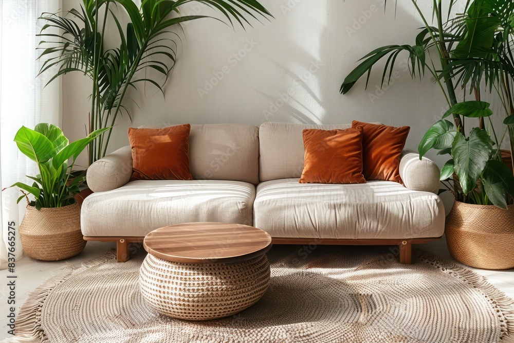 Scandinavian-inspired modern living room with beige velvet sofa, wooden coffee table, ottoman, houseplants, and knitted rug Scandinavian-inspired modern living room with beige velvet sofa, wooden coffee table, ottoman, houseplants, and knitted rug