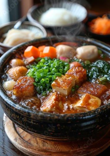 Oden - Simmered dish with various ingredients like fish cakes, tofu, and vegetables in a light dashi broth.