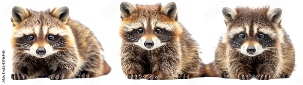 Three Young Raccoons Sitting on a White Background Three Young Raccoons Sitting on a White Background