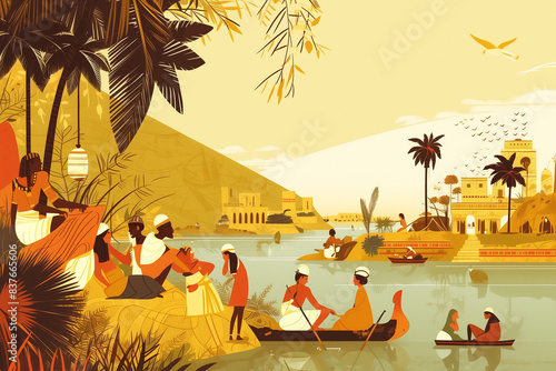 古代エジプト ナイル川沿いの街並み
Ancient Egypt: Life along the Nile River