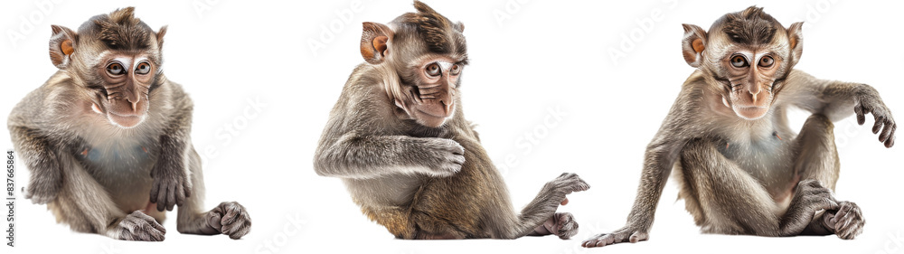Three Young Macaque Monkeys Sitting on White Background Three Young Macaque Monkeys Sitting on White Background