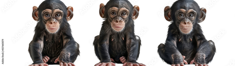 Three Young Chimpanzees Sitting on a White Background Three Young Chimpanzees Sitting on a White Background