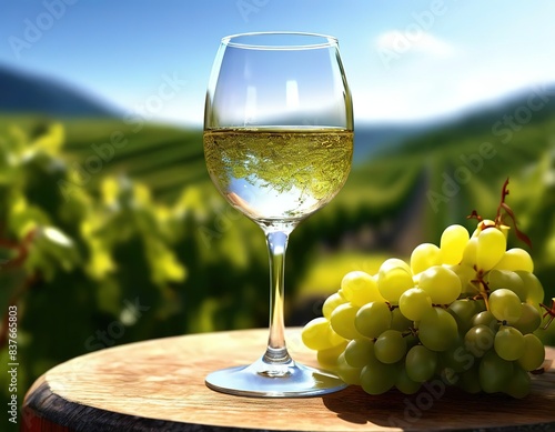 glass of wine  grapes on a background of vineyards.