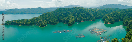 Aerial drone view of Kenyir Lake or Tasik Kenyir which is located at Kuala Berang in Hulu Terengganu, Terengganu, Malaysia