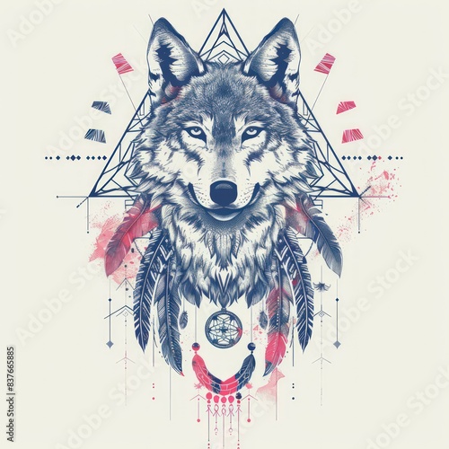 a captivating wolf line art design featuring an elegant clorfull painting photo